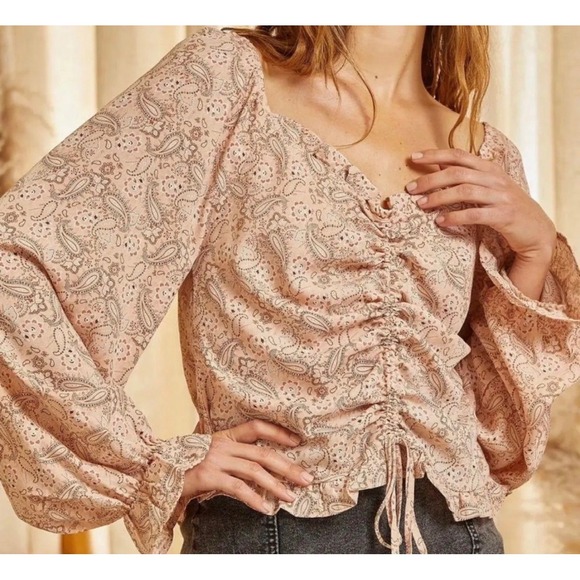Savanna Jane Paisley Ruched Front Ruffle Blouse Pink  Boho Balloon Sleeve NEW-L - Picture 2 of 7